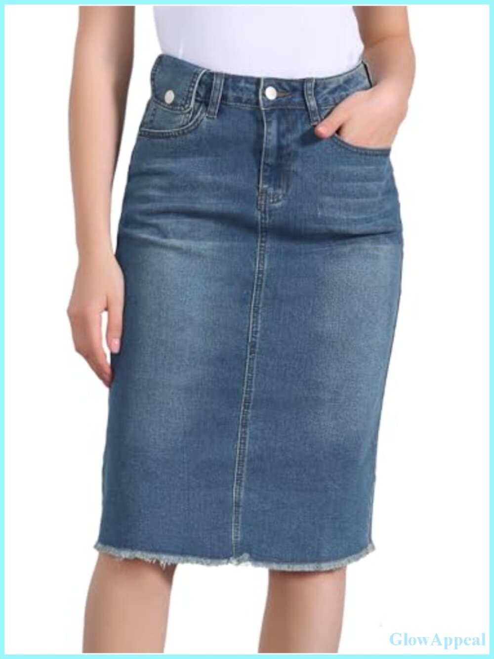 Allegra K Womens High Waist A-Line Midi Denim Jean Skirt Raw Hem Stretch
